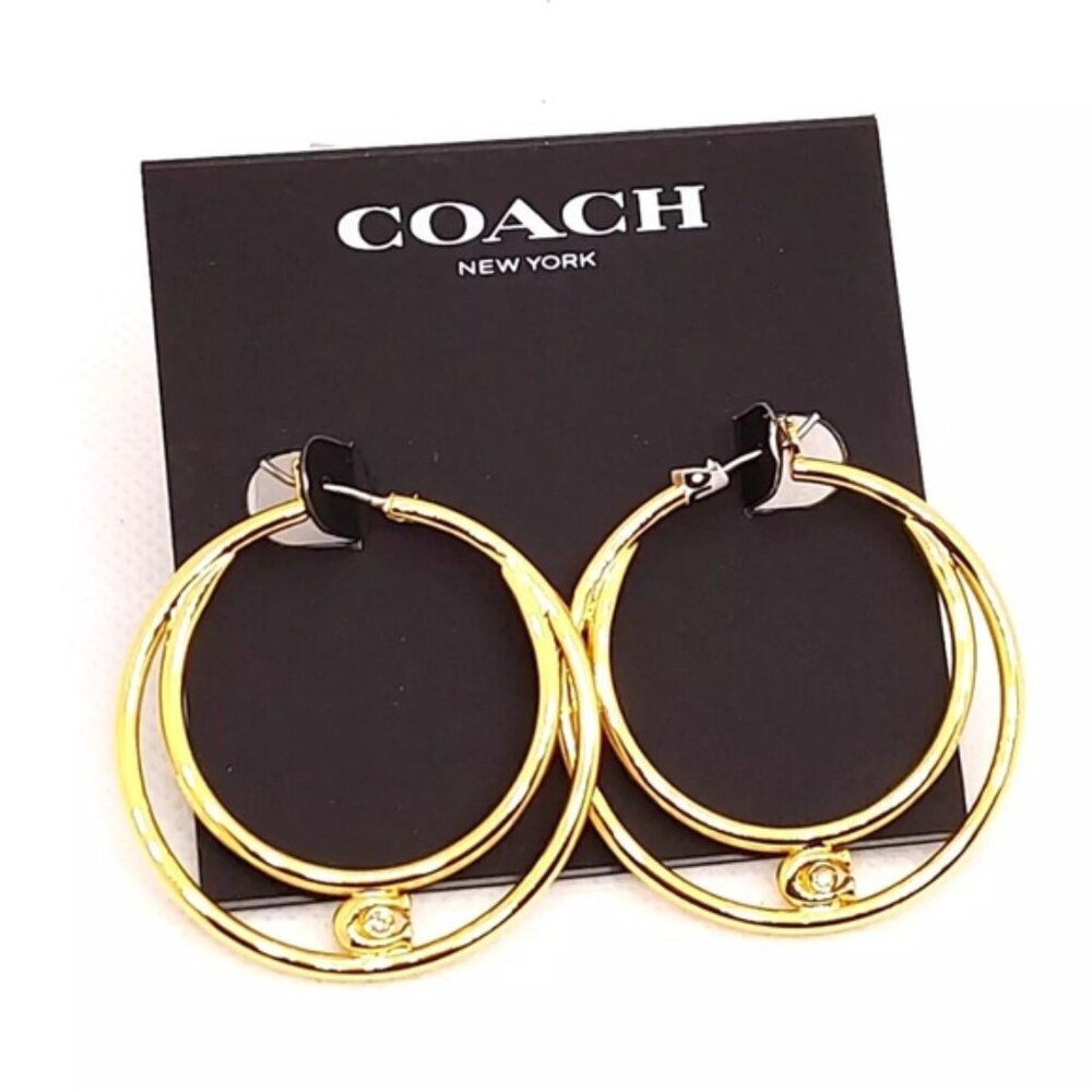 NWT COACH Women's Signature Double Hoop Gold Earrings with Cubic Zirconia Detail